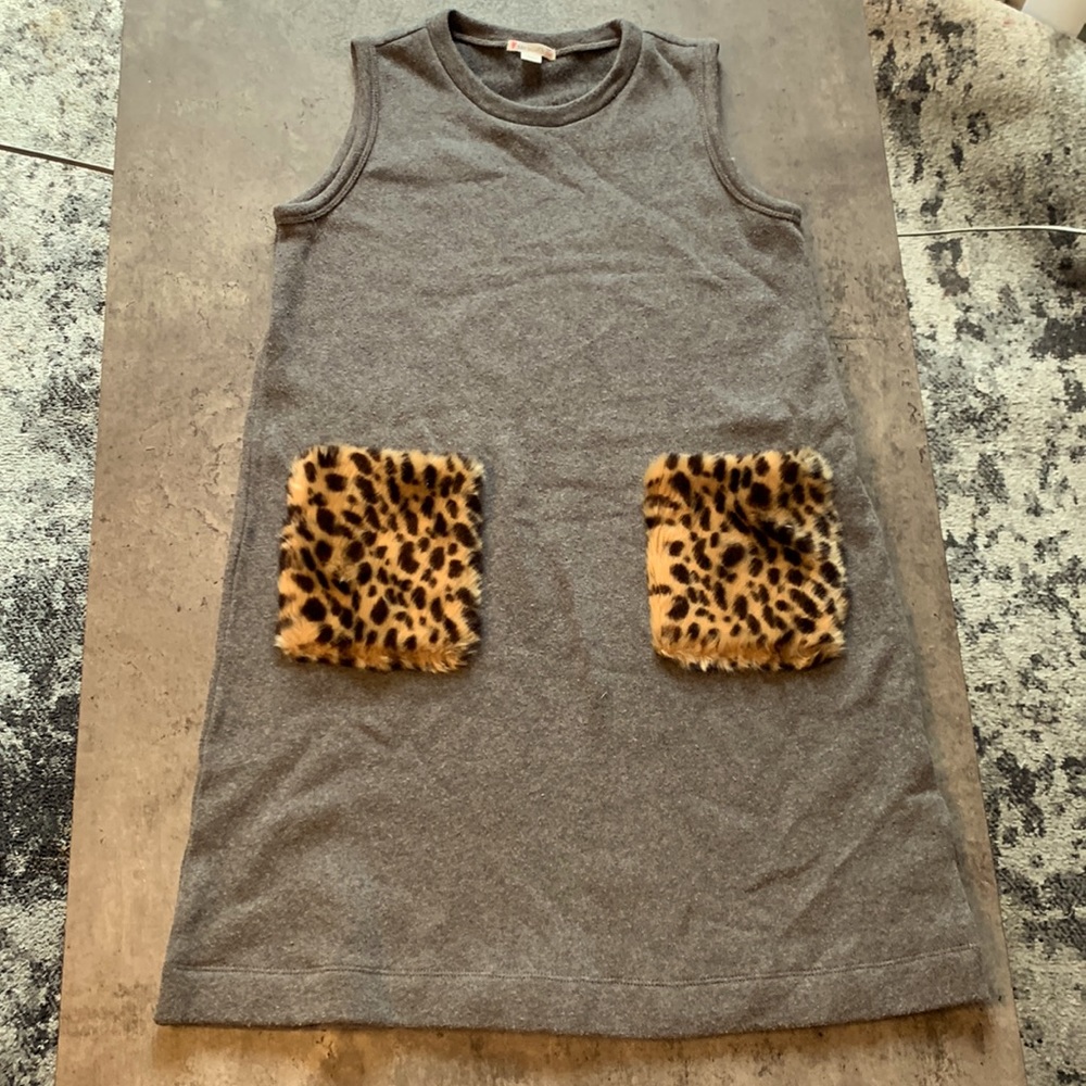 Girls crewcuts gray dress with faux fur animal print pockets - size 12 EUC
